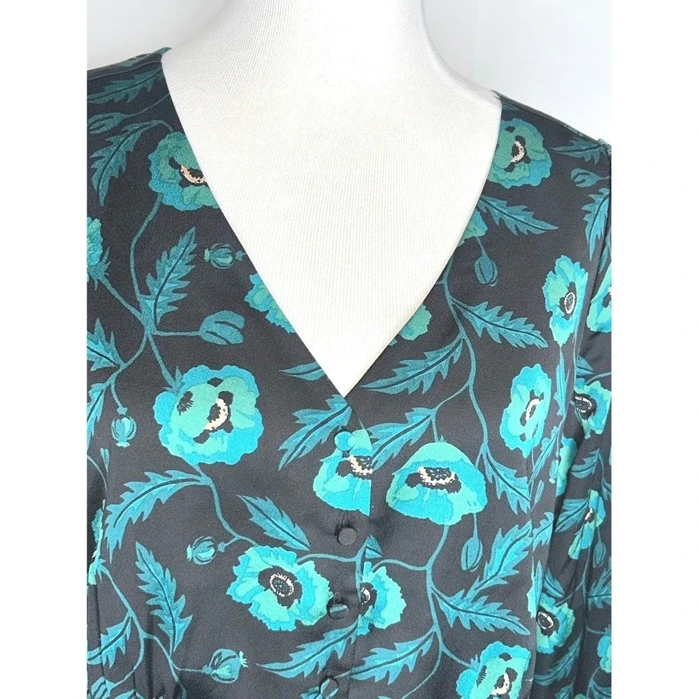 J. Crew Womens Teal Black Floral Poppy Satin Peplum V-Neck Button Blouse Size 10